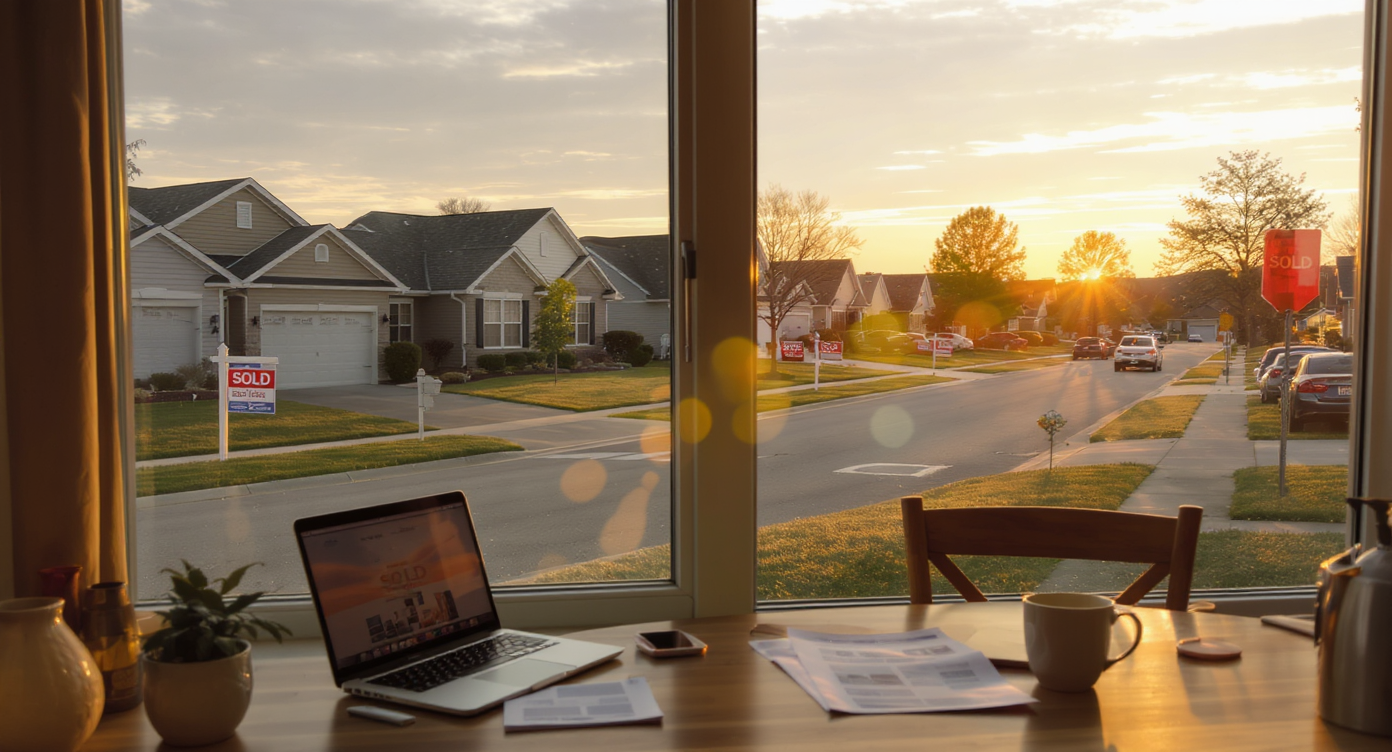 Suburb street with recent homes, sold signs on lawns, and a kitchen table visible through a window, covered in real estate documents.