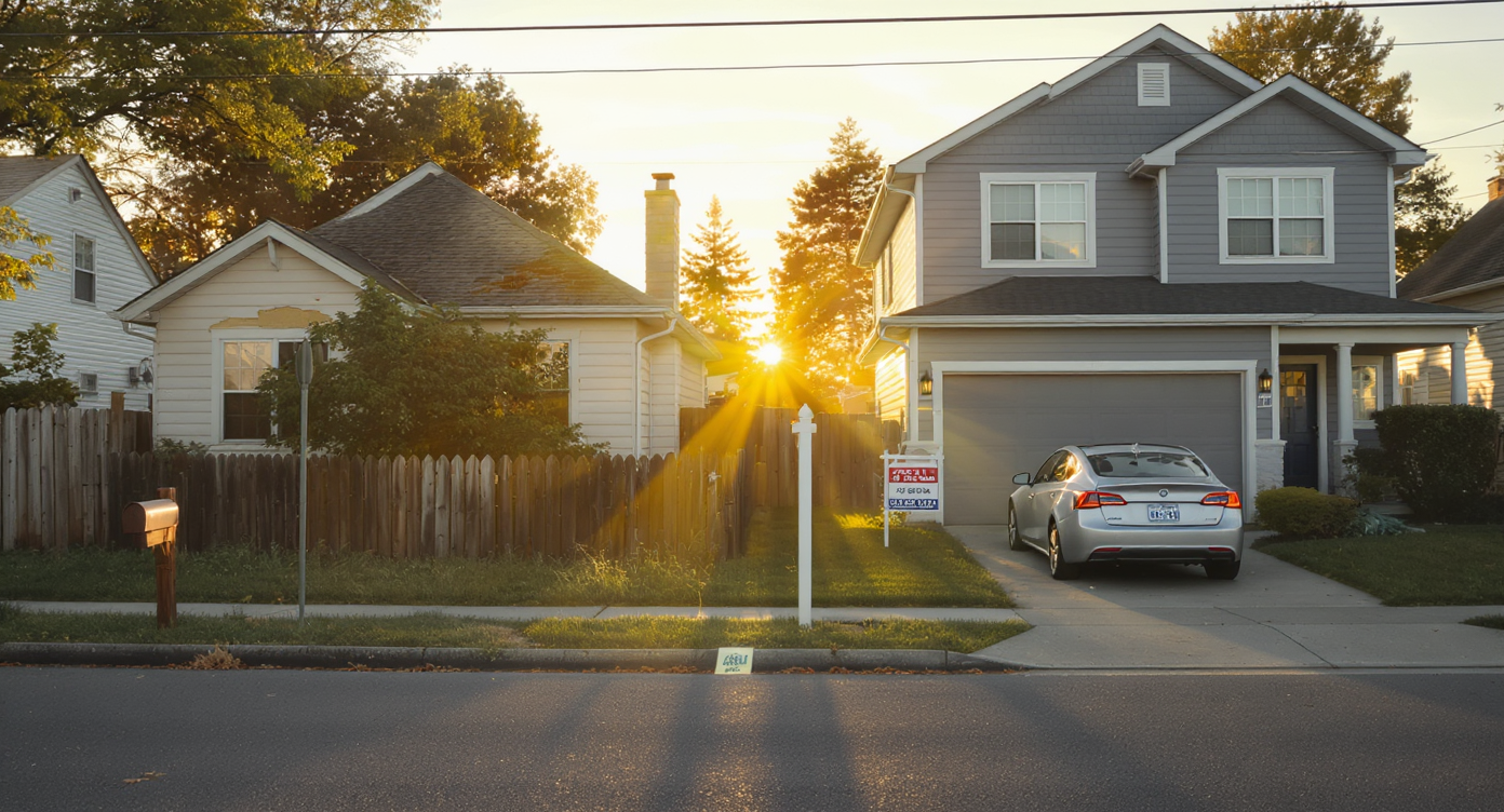 A realistic suburban street shows a modest older home beside an upscale renovated house, highlighting the stark contrast in housing affordability.