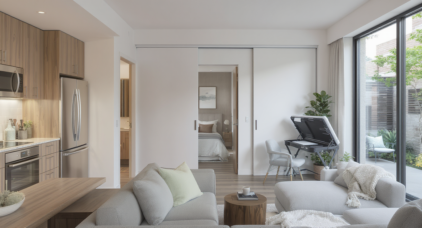 Contemporary home with adaptable living spaces, showing flexible rooms, energy-efficient features, and shared green space outside.