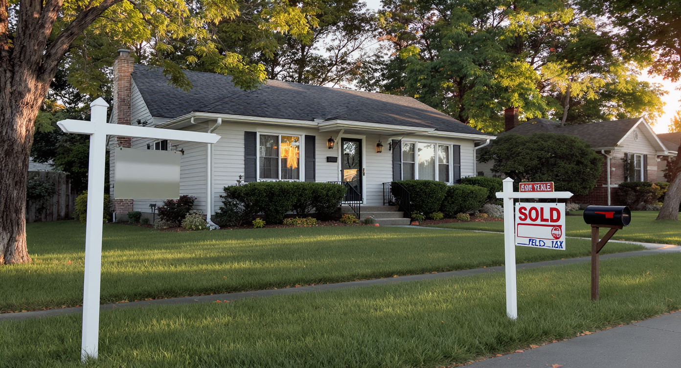 A realistic photo of a modest suburban home with an updated real estate sign showing rising value, set in a tidy, mature neighborhood.