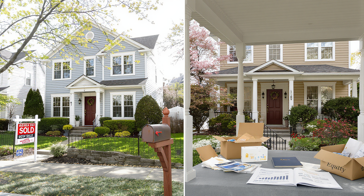 Two neighboring homes, one modern and one outdated, each with sold signs and packing boxes on the driveways, highlighting property value changes.