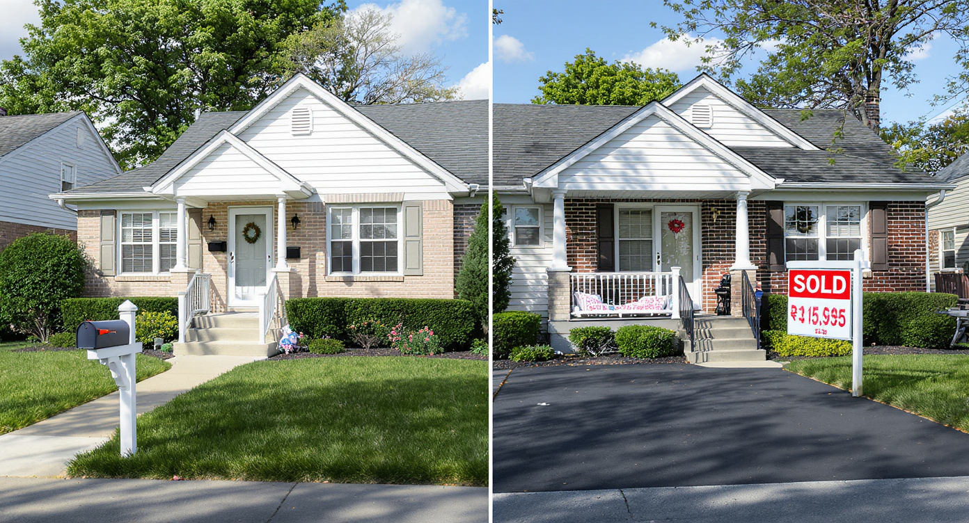 Two nearly identical suburban starter homes side by side, with contrasting mortgage paperwork and key sets at each front door, no people present.