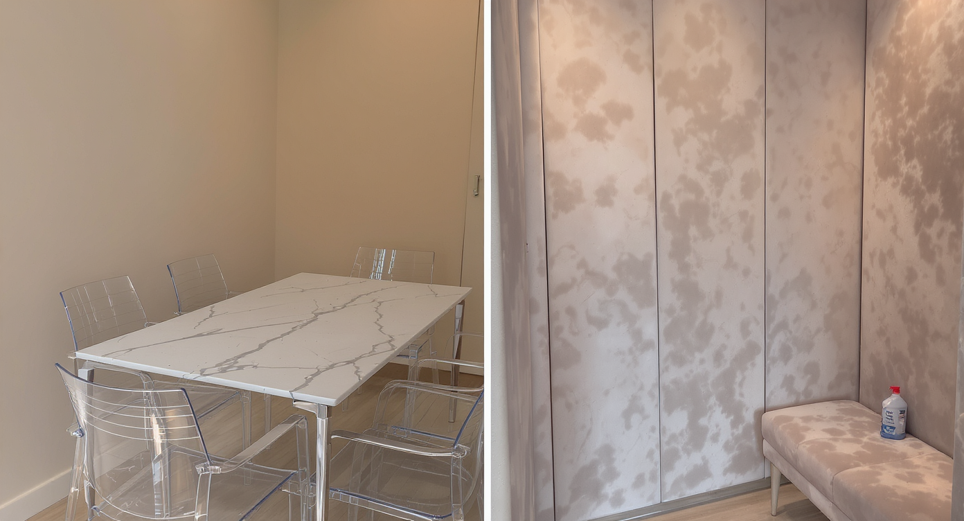 Modern office and boutique fitting room, side by side: acrylic chairs visibly smudged, plush walls showing wear, both needing frequent cleaning, no people.