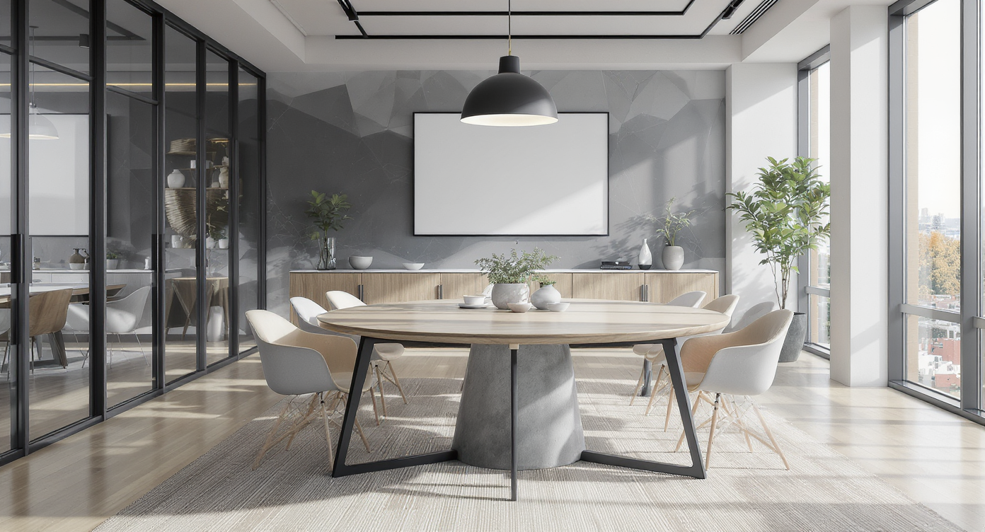 A table covered with blueprints, material samples like recyclable wallpaper and wipeable fabrics, contractor tools, and digital code references in a partially finished office.