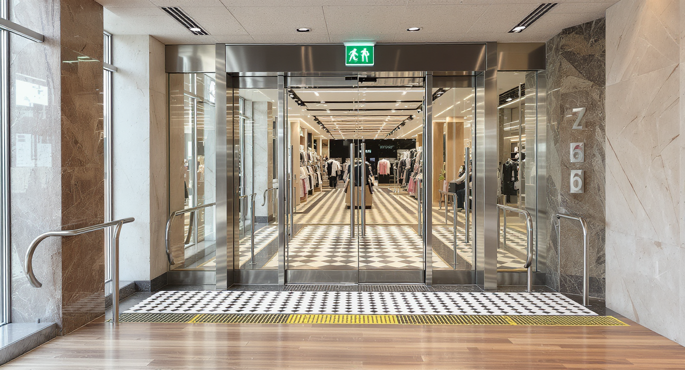 Modern commercial interior entrance blending bold design with visible accessibility features, showing code-compliant flooring and safe materials.