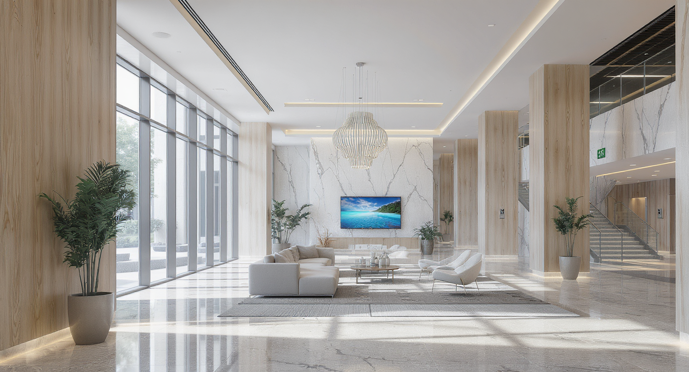 Modern commercial lobby in 2026 with visible fire safety signage, accessible design features, durable furniture, and natural lighting.
