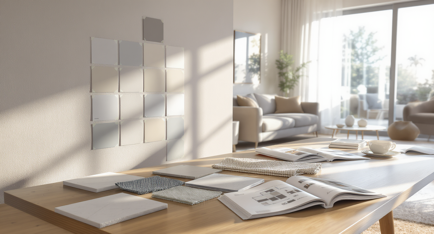 A photorealistic, modern living room set with paint swatches on the wall, material samples on a table, and natural daylight streaming in.