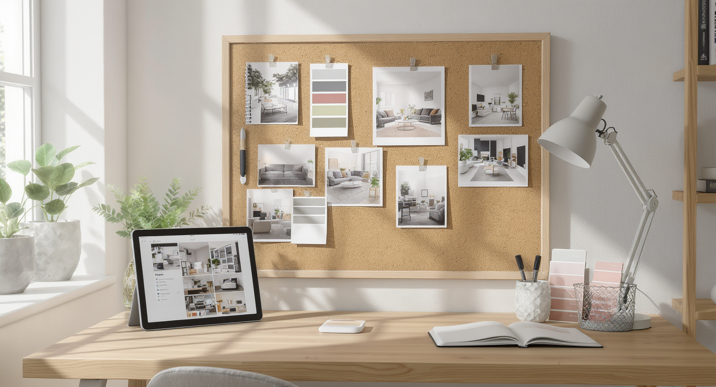 A modern home workspace with a corkboard displaying pinned interior design images and a digital moodboard open on a tablet, emphasizing curated inspiration.