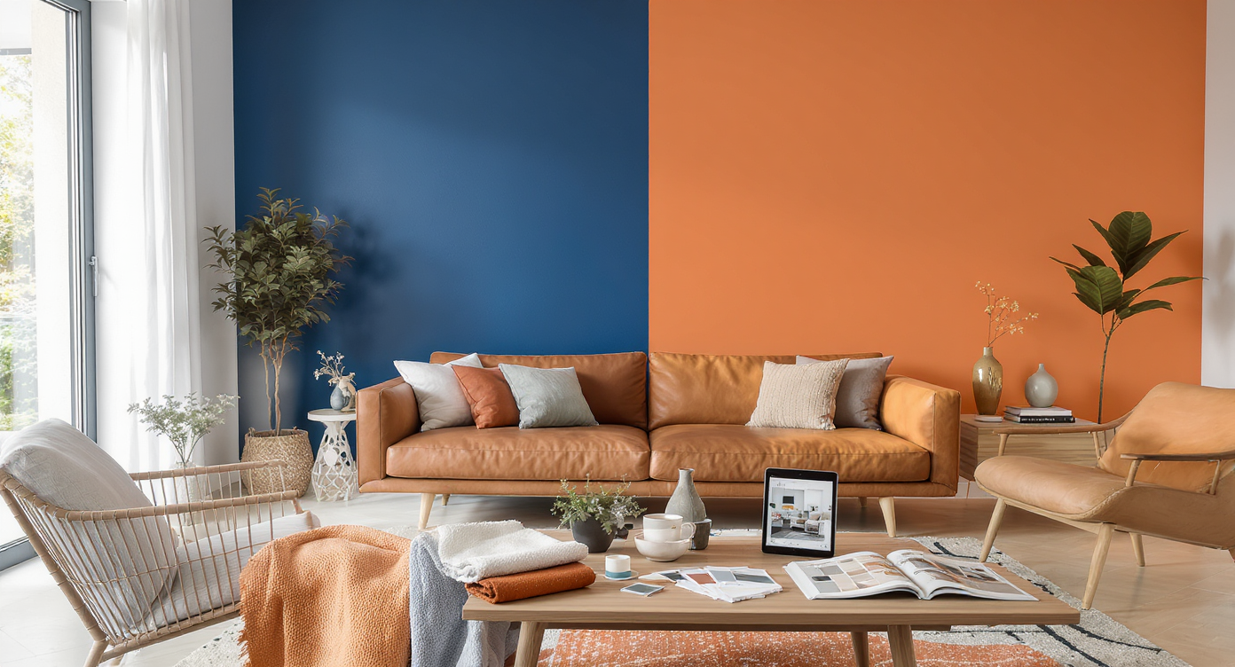 A modern living room with side-by-side paint samples on the wall, material swatches on a coffee table, and design magazines open in natural light.