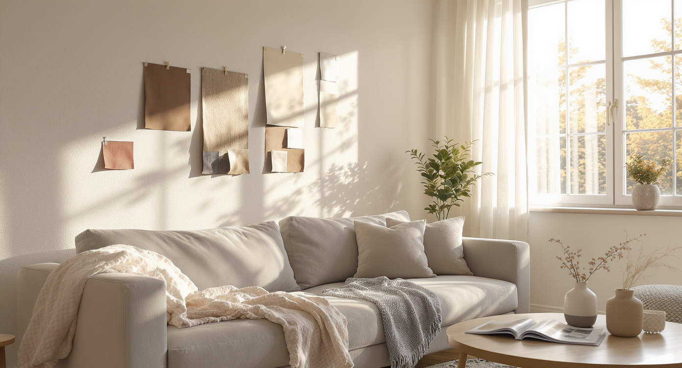 Paint and fabric swatches are laid out against the wall and on a sofa in a sunlit living room, contrasting digital inspiration with real samples.