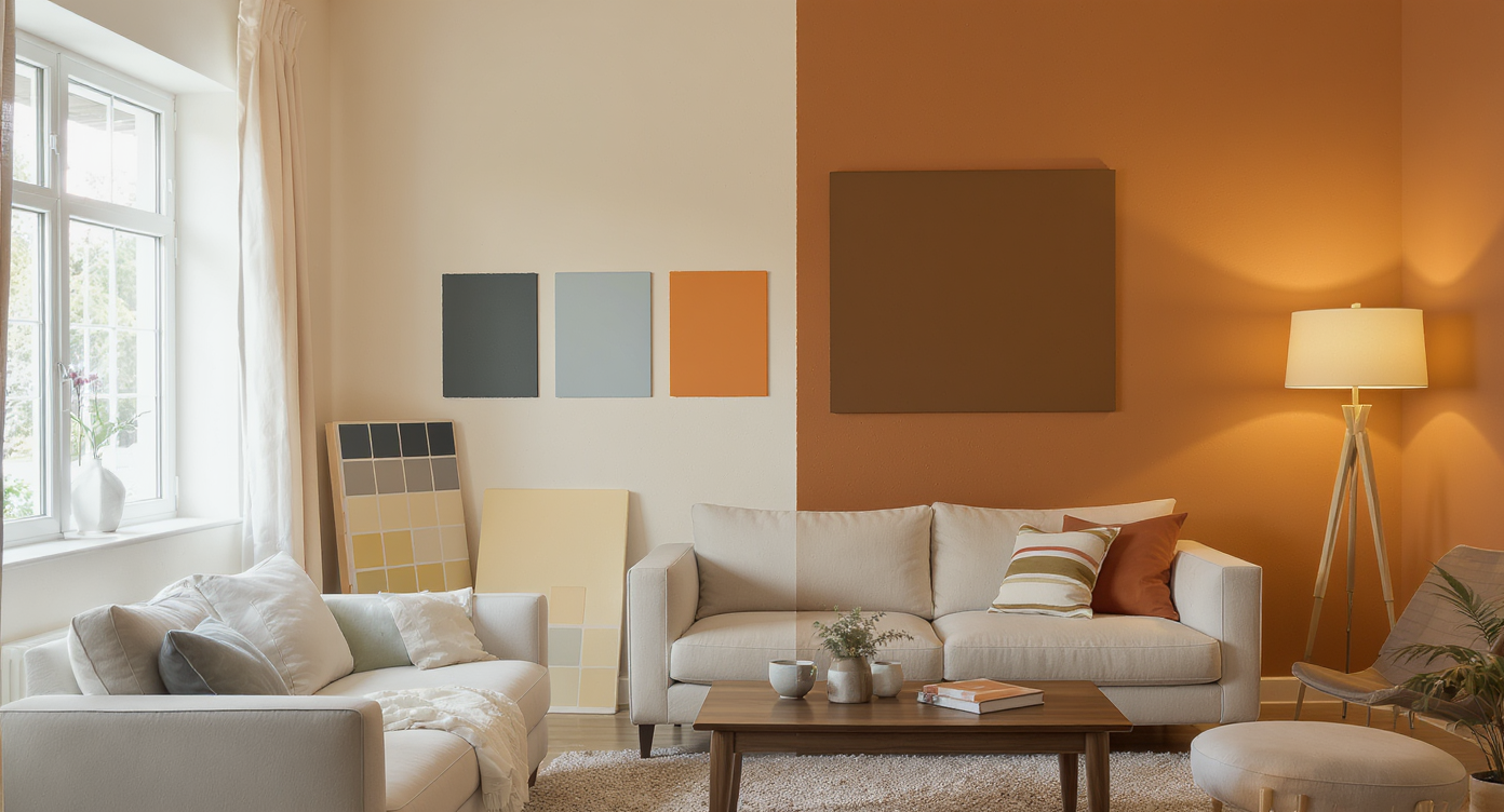 Large painted color swatches in different hues are applied directly on a living room wall, illuminated by daylight and lamp light, with sample boards nearby.