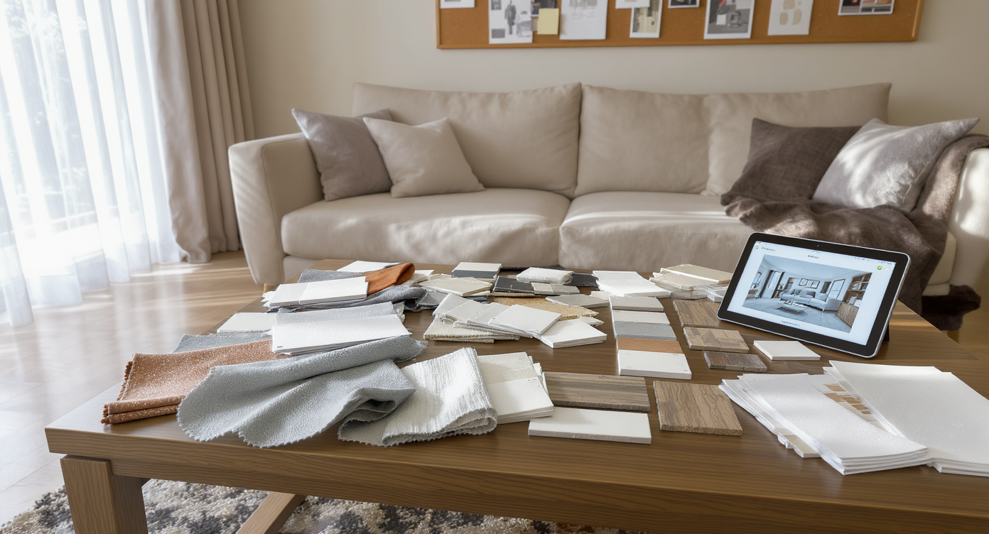A sunlit living room table covered in material samples, paint chips, and a digital tablet showing a redesigned space, ready for design edits.