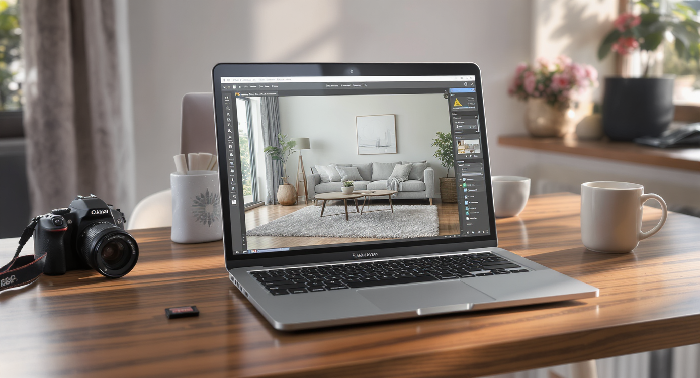A bright home office featuring a laptop open on a clean desk, displaying a realistic virtual staging interface with furniture placement tools.