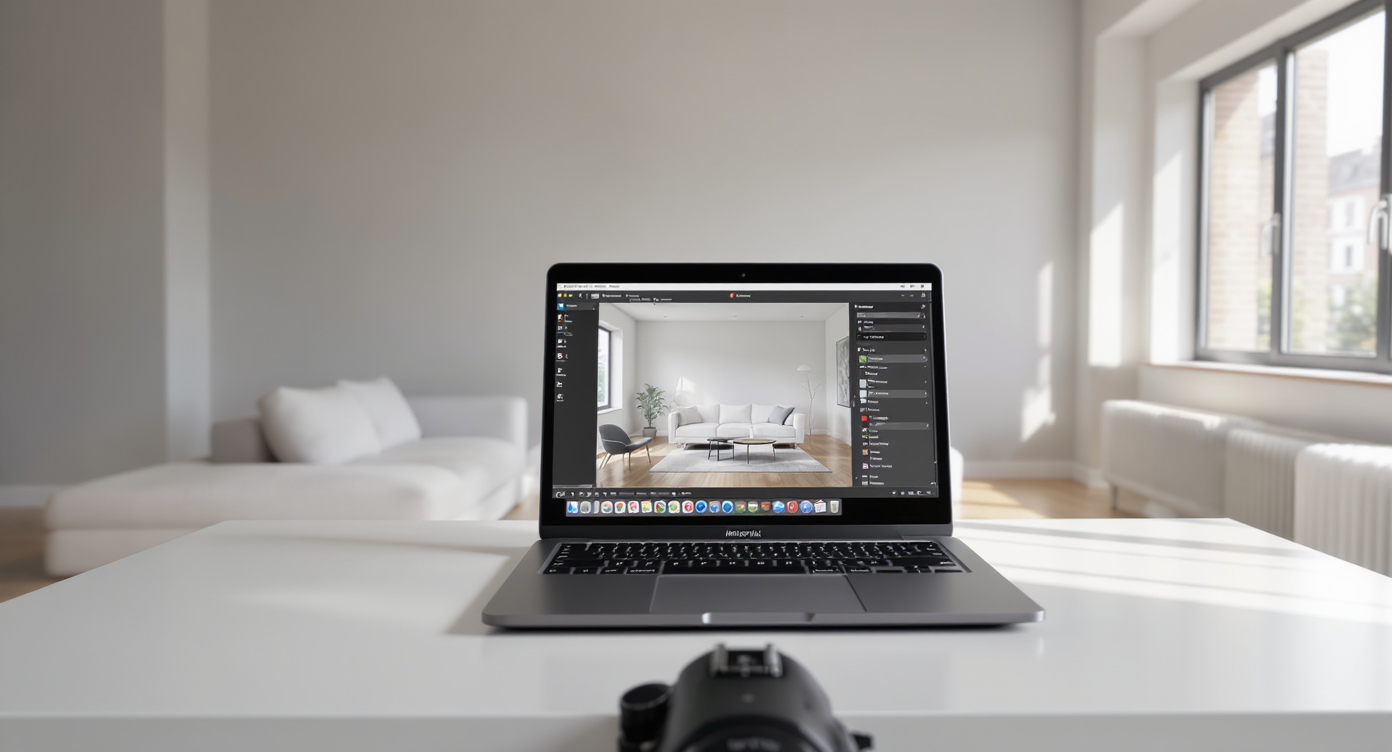 A sunlit, empty modern living room with a camera on a tripod and a laptop running virtual staging AI, showing the staged room preview.