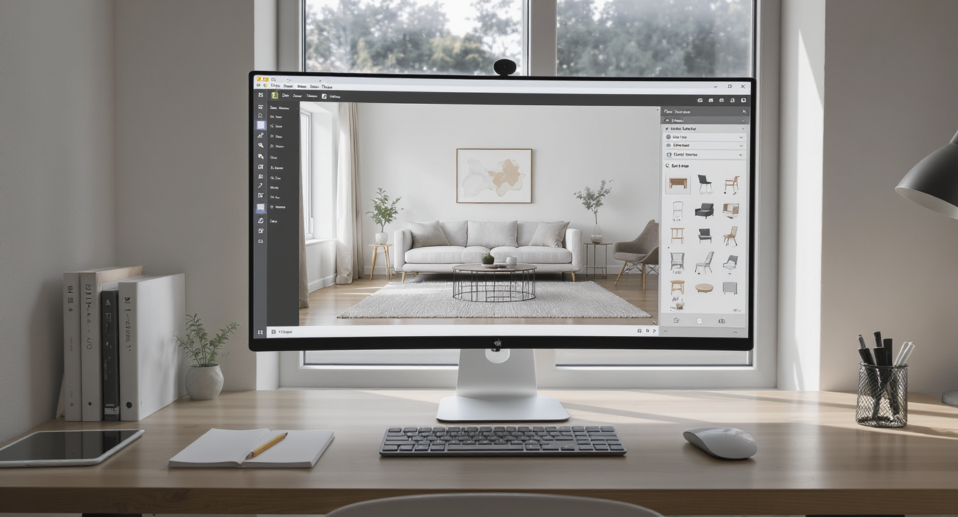 A home office desk with a computer monitor displaying a realistic virtual staging tool in use, showcasing furniture being arranged in a vacant room.
