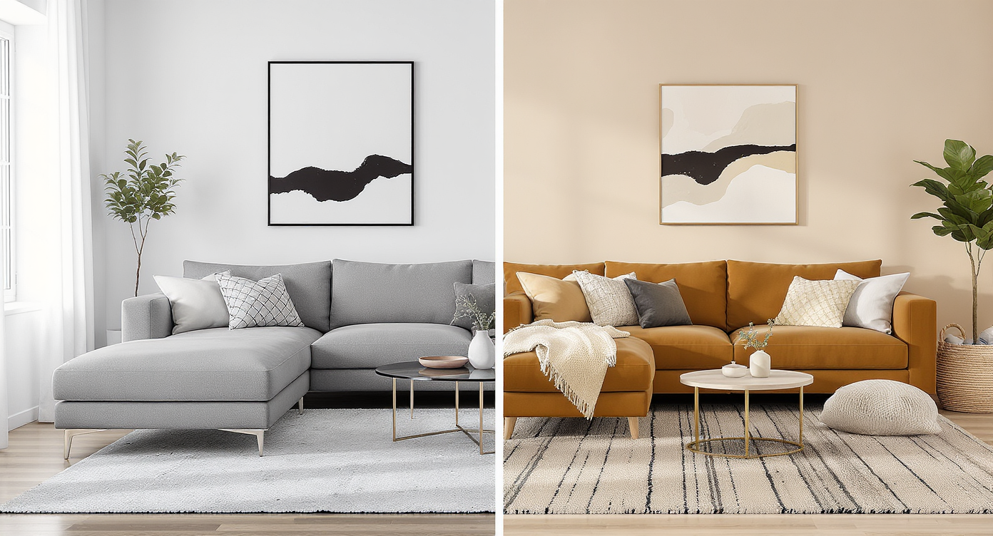 A split-view living room shows one side with modern minimalist decor and the other with cozy, family-friendly furnishings, illustrating tailored virtual staging.