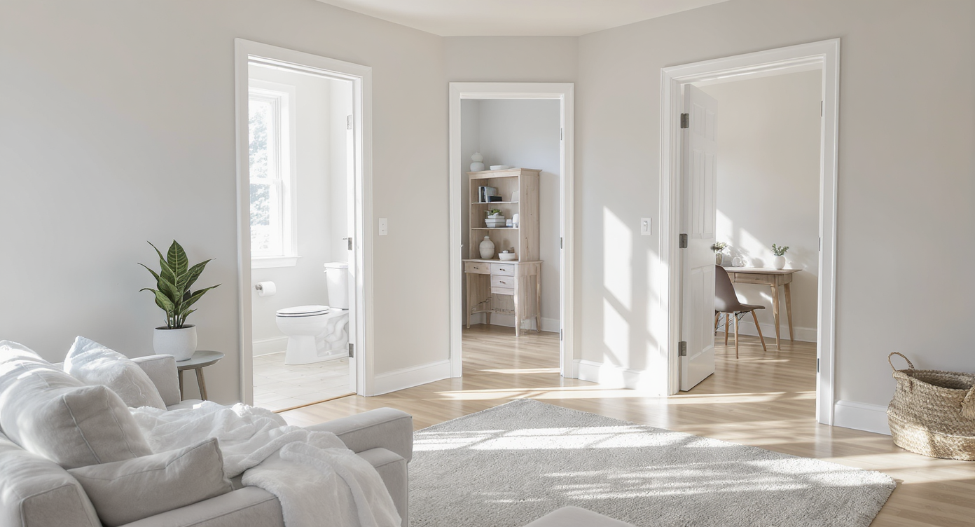 A naturally lit, decluttered townhouse living space with cozy rug, houseplant, fresh towels, and flexible staging showing a bedroom as an office.