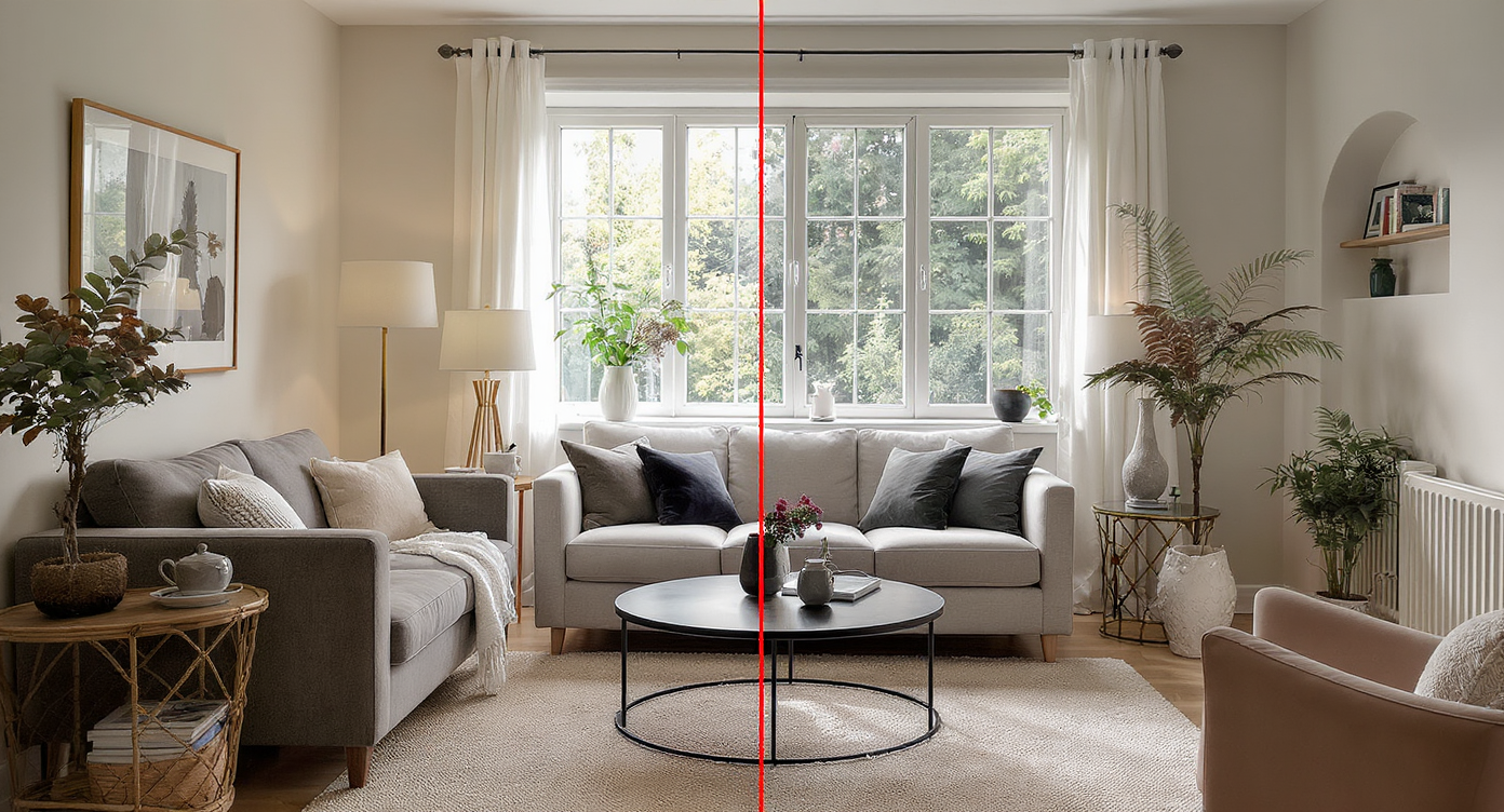 Side-by-side comparison of a compact living room: left shows the real space with original features, right shows a digitally staged version.