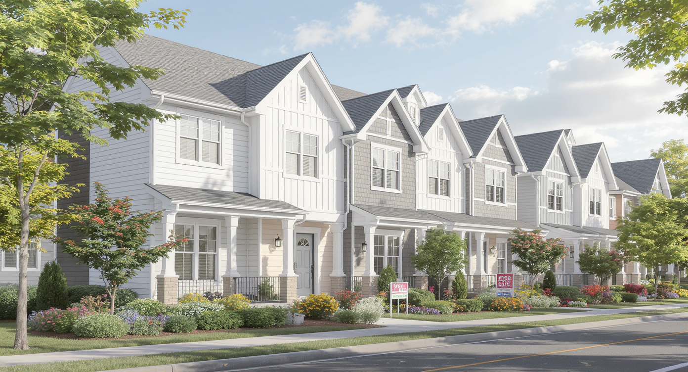 A photorealistic view of a row of modern townhomes with a visible "For Sale" sign in front of one unit, captured in natural daylight.