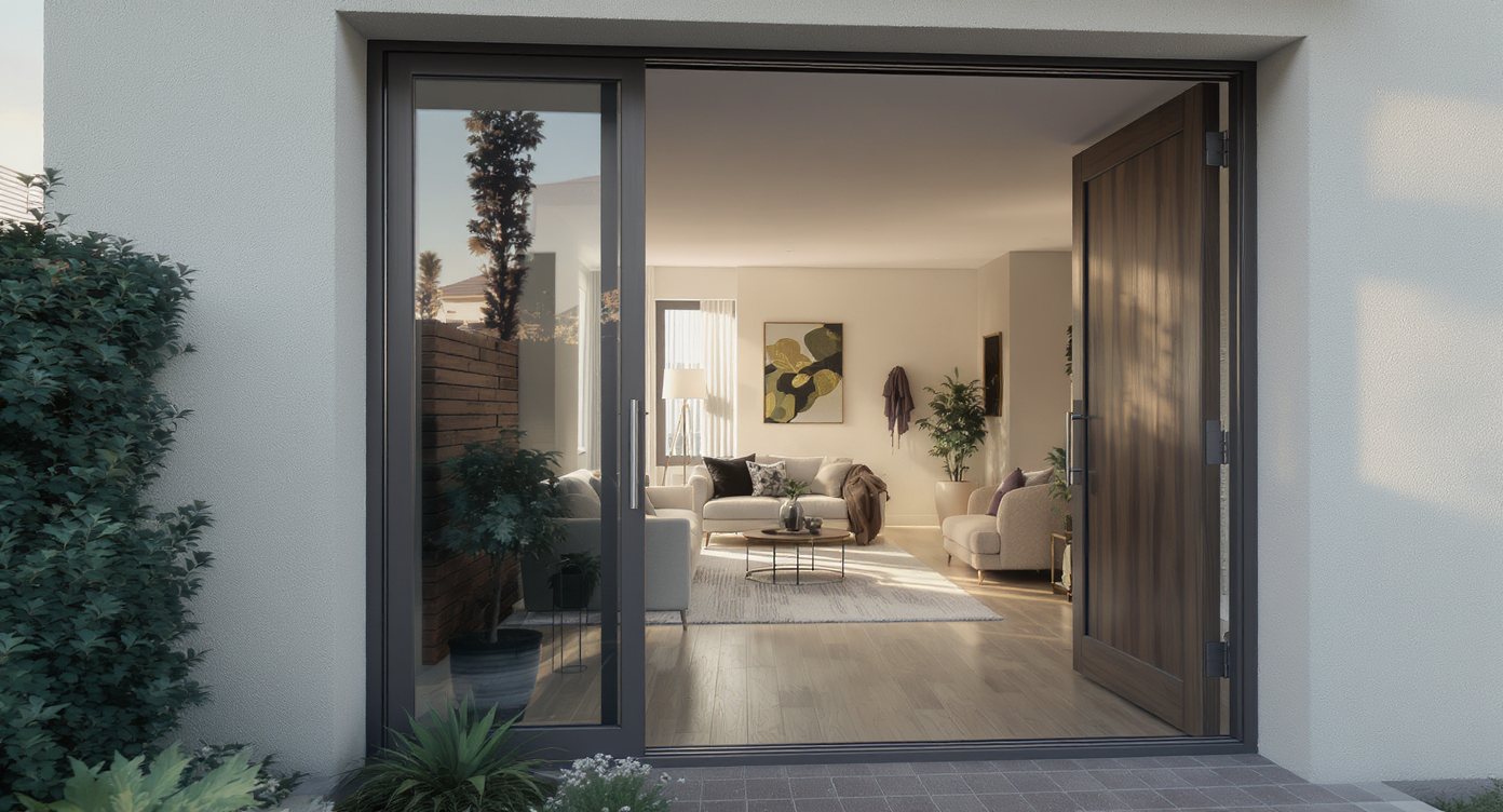 A pristine, staged townhome living area with soft daylight, open house materials on display, and no visitors, emphasizing a calm but unsold atmosphere.