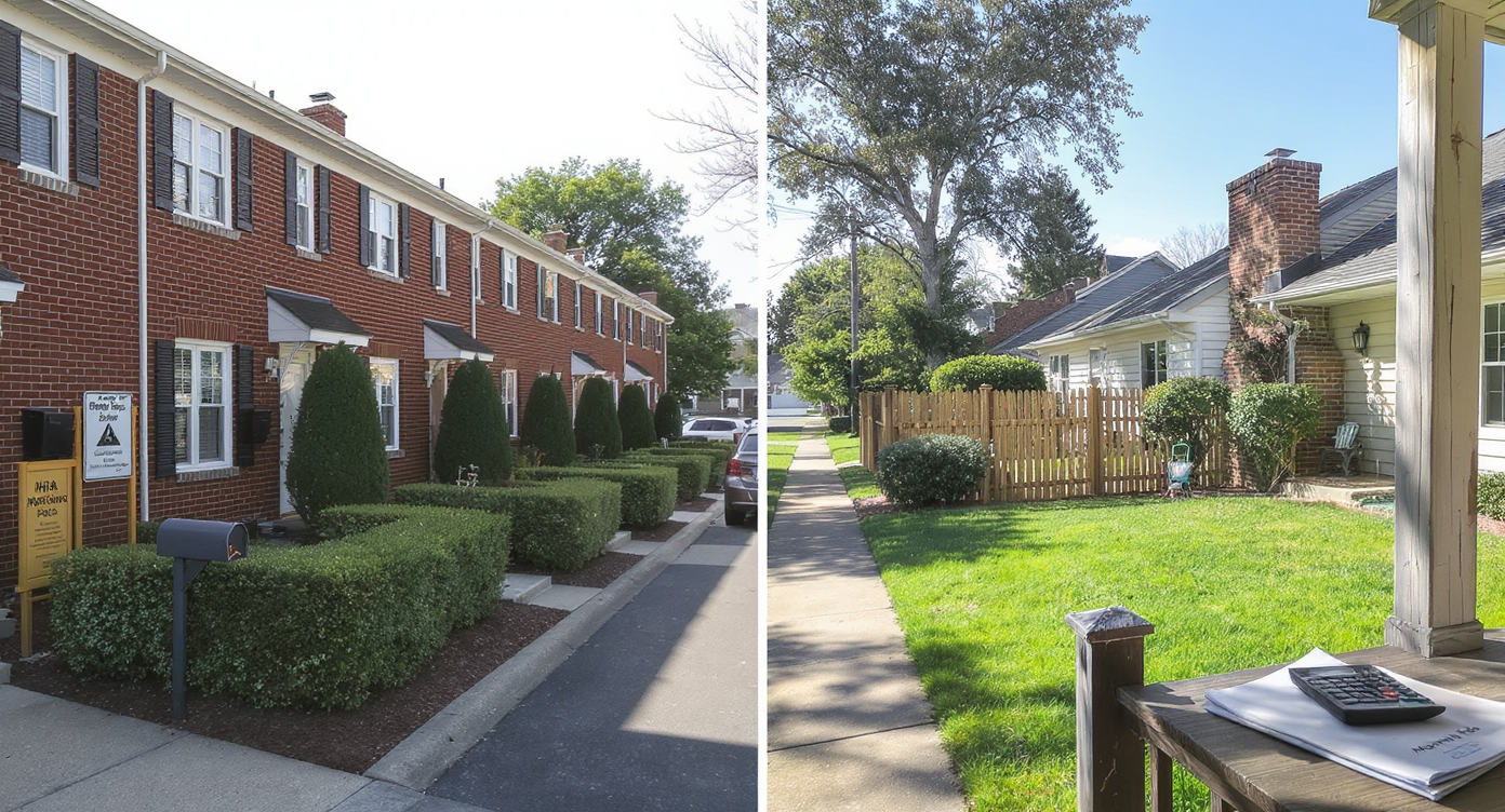 Suburban street showing a row of townhomes with communal areas and HOA signs beside a detached single-family house with a private yard.