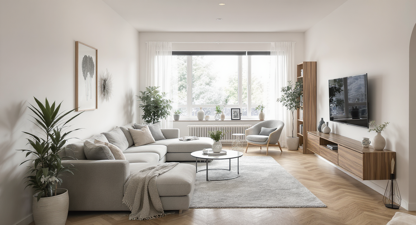 Photorealistic modern living room with a complex, L-shaped layout, sectional seating, zoned rugs, media console, and natural daylight—no people present.