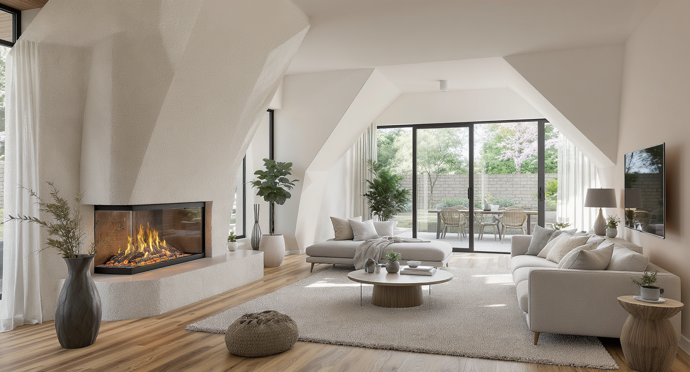 Uniquely shaped living room with angled walls, oversized fireplace, and open plan leading to kitchen, showcasing a complex real-life floor plan.