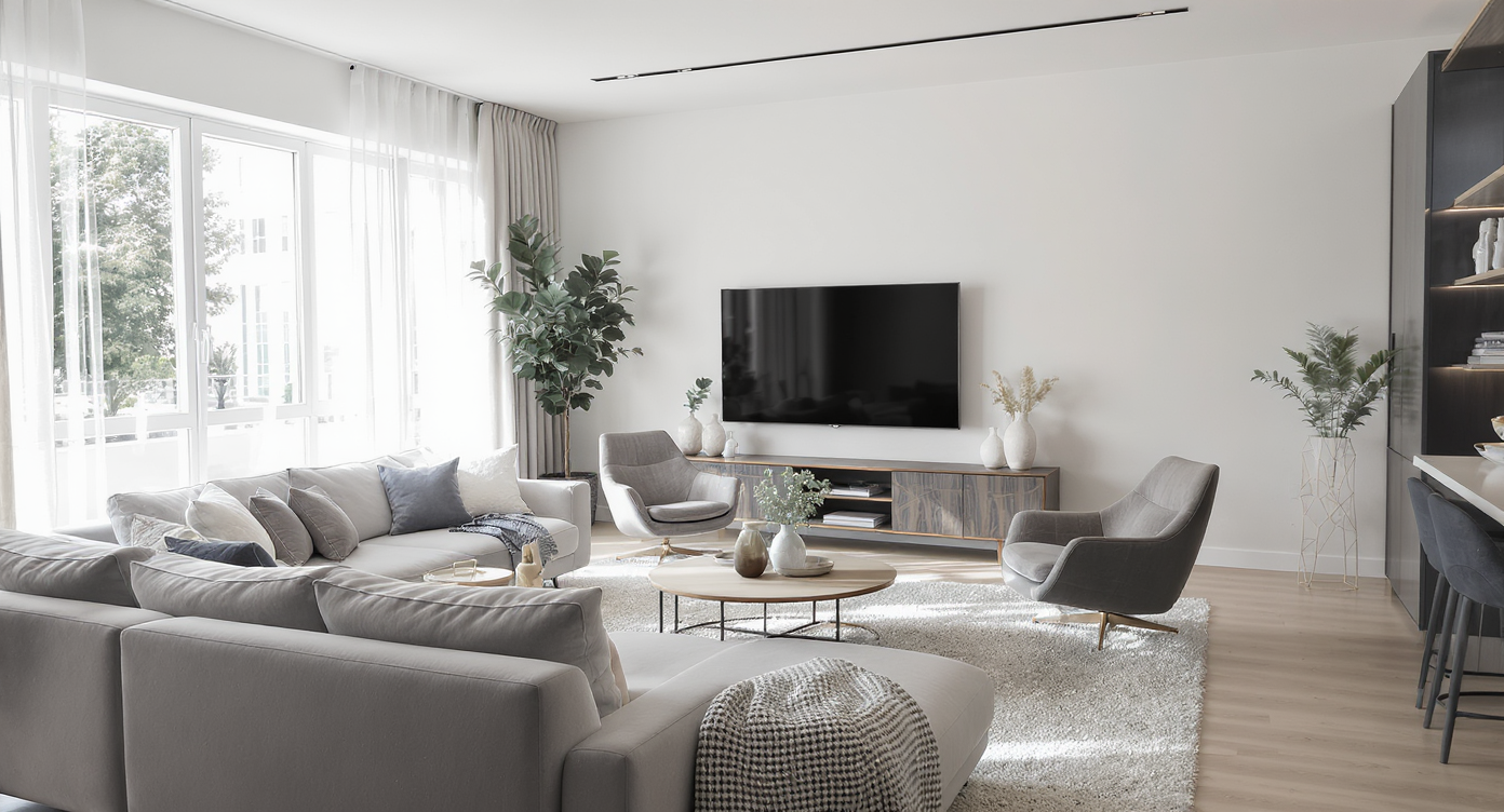 Photorealistic living room with L-shaped sectional, two swivel chairs, side tables, and a reading corner with a Papa Bear chair and floor lamp.