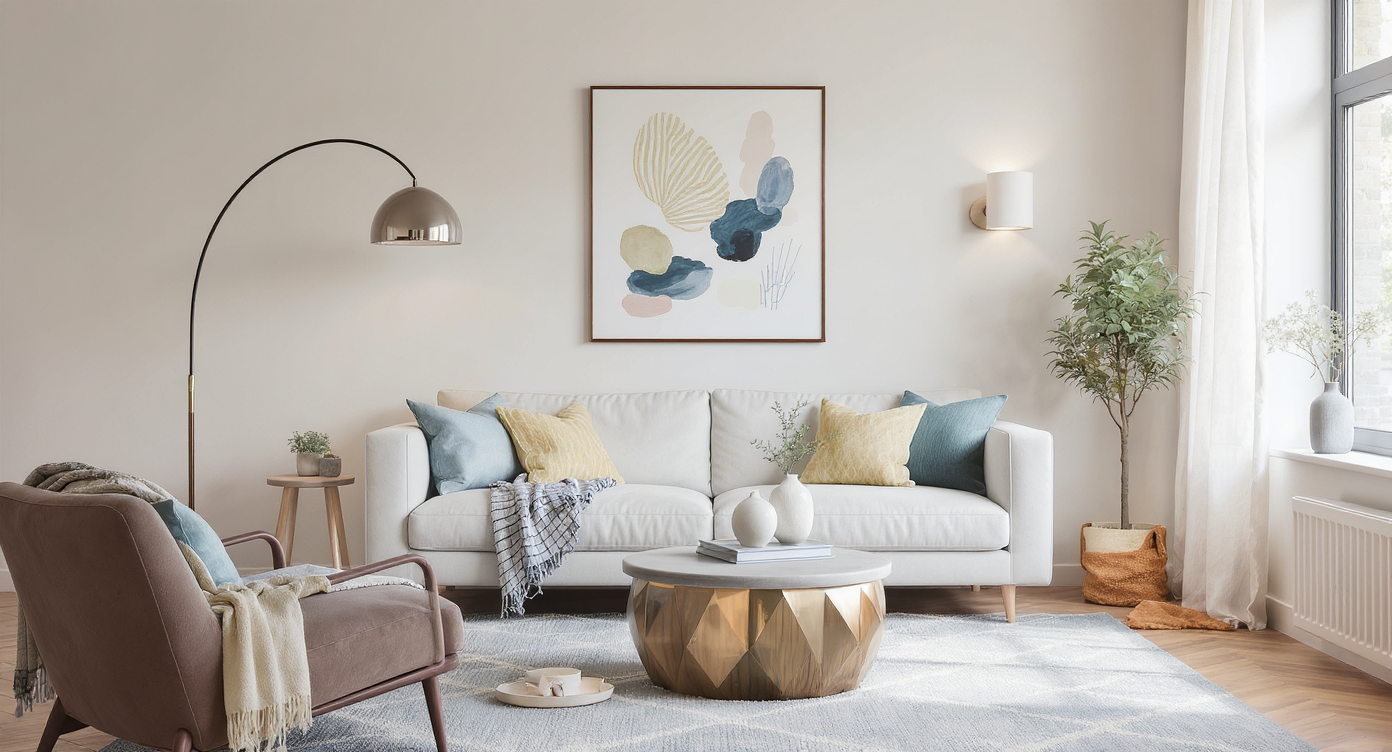 Photorealistic open living room with layered lighting, a large area rug anchoring furniture, and repeating colors in accessories, showing cohesive design.