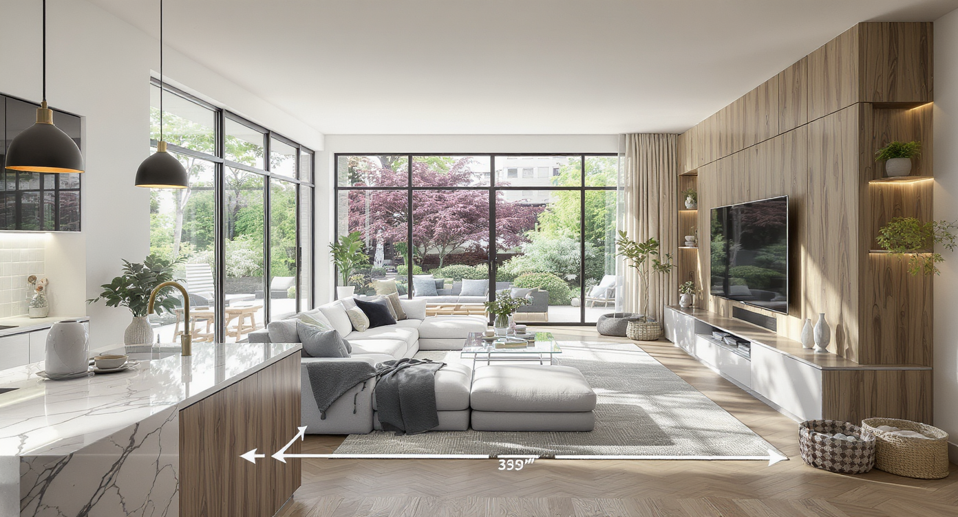 Photorealistic living room with large windows, angled island, and thoughtful furniture layout ensuring open walkways and defined seating zones.