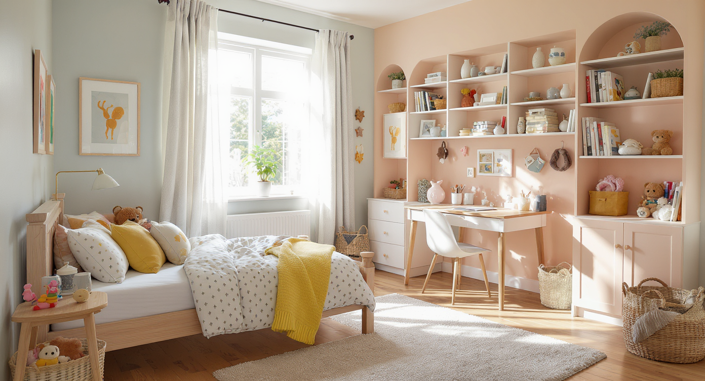 A realistic, modern kid’s bedroom with adaptable furniture, playful decor, and accessories, designed for growth and comfort. Sunlight fills the space.