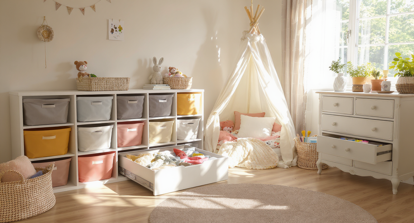 Photorealistic kids’ room with colorful toy bins, book baskets, under-bed storage, a cozy tented reading nook, and a dresser for art supplies.