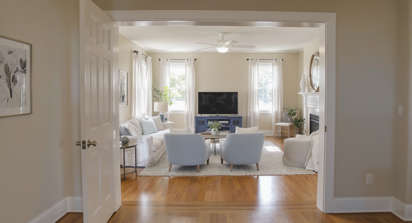 A realistic living room with a door opening into the seating area and a corner fireplace, showing central furniture grouping and clear circulation space.