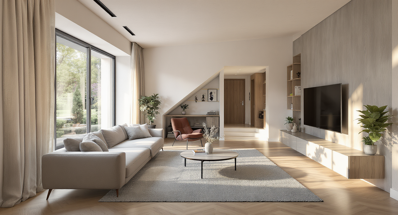 A photorealistic living room with asymmetrical walls, two sofas in an L-shape, a wall-mounted TV, and custom shelving around a doorway.