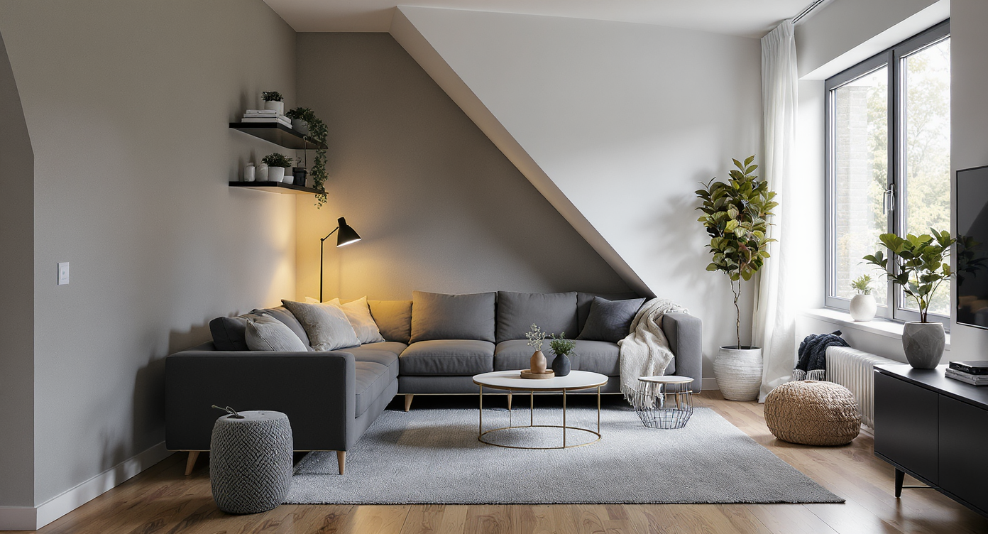A photorealistic, modern living room with an awkward, irregular floor plan, smart furniture arrangement, and strategically placed decor for flow.