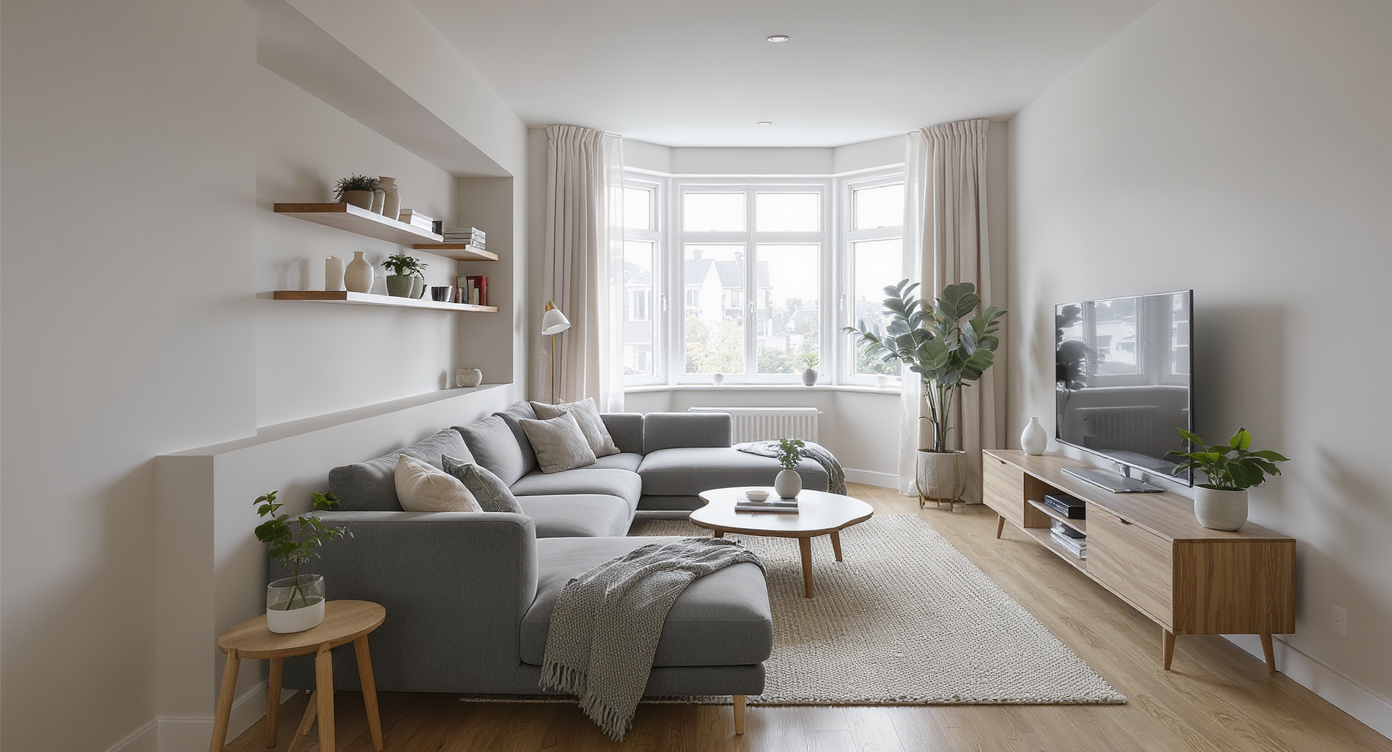 A long, narrow living room with a sectional sofa and angled TV stand, featuring nooks and a bay window, showcasing a challenging layout.