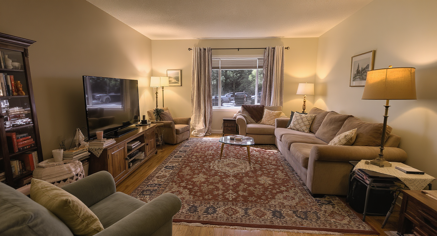 A long, narrow living room crowded by an oversized sectional sofa, armchairs, and many small tables, disrupting the walkway and visual flow.