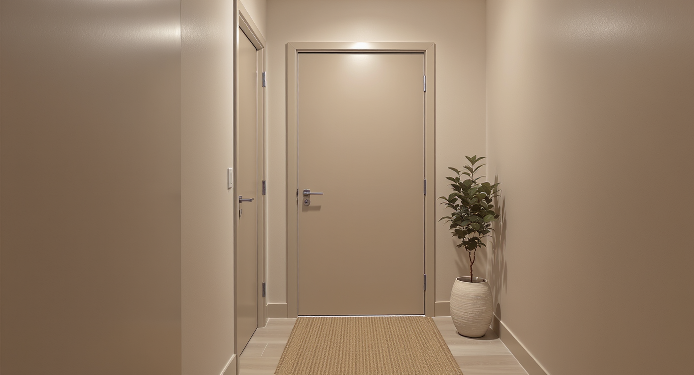 Photorealistic small foyer with flush taupe-beige doors, sculptural ceiling light, natural-fiber runner, and leafy plant. Inviting, seamless design.