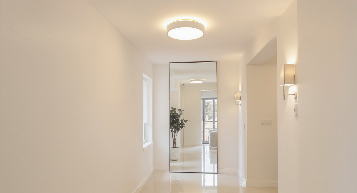 Modern low-ceiling foyer with flush-mount light, dimmable LEDs, tall mirror reflecting window light, and surface-mounted sconces for balanced illumination.