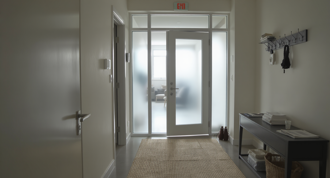 A photorealistic, compact, awkwardly shaped foyer with multiple doors, limited light, and mixed storage solutions, styled to appear welcoming.