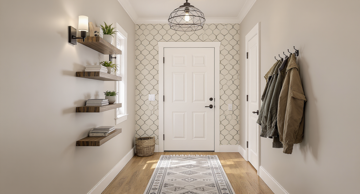 A narrow foyer with a patterned runner, floating shelves, wall sconces, hooks, and subtle temporary wallpaper, styled for practicality and unity.