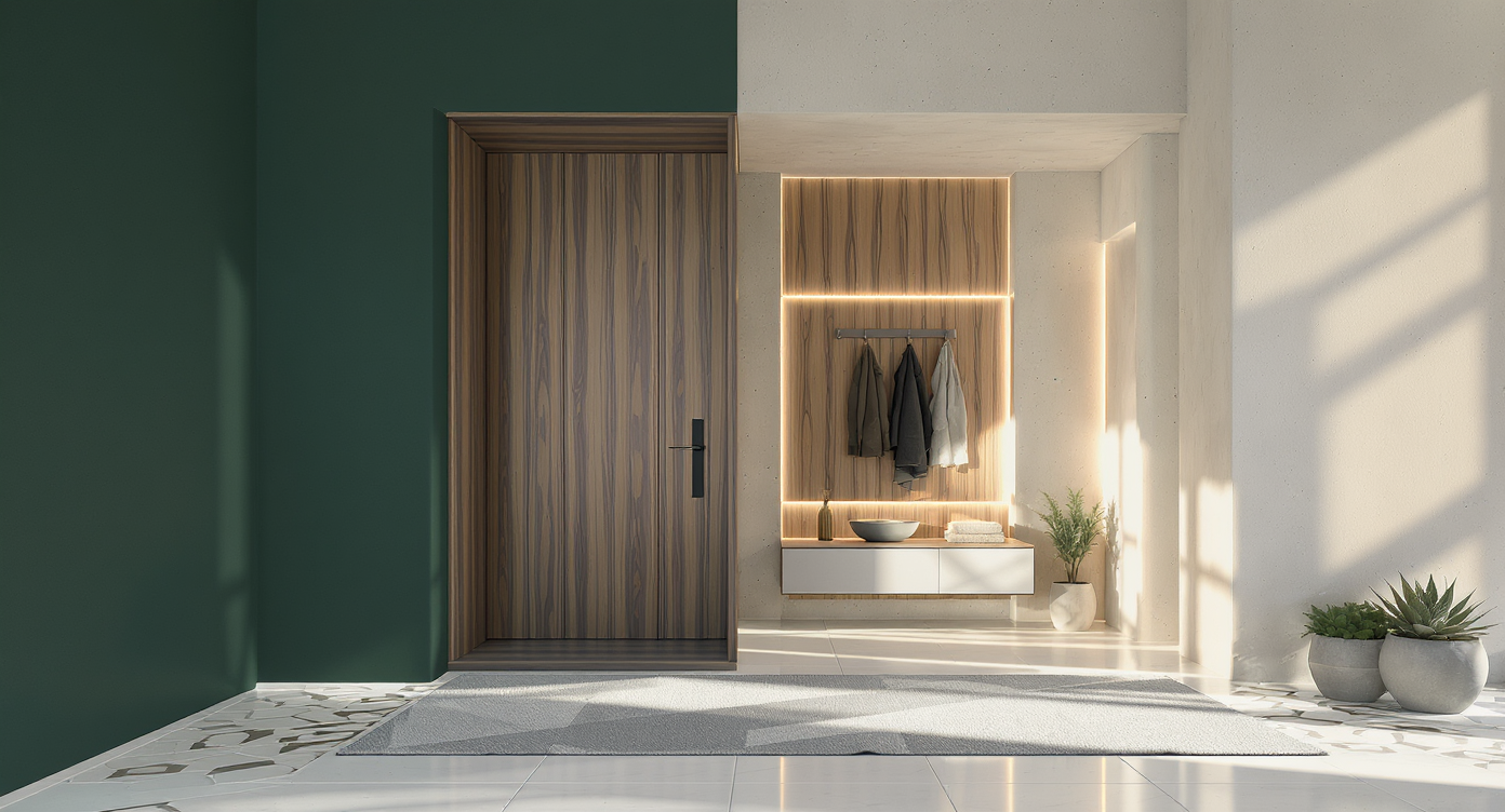 Ultra-realistic hero image of an odd-shaped foyer styled with color, varying textures, and layered lighting, showing clever design solutions.
