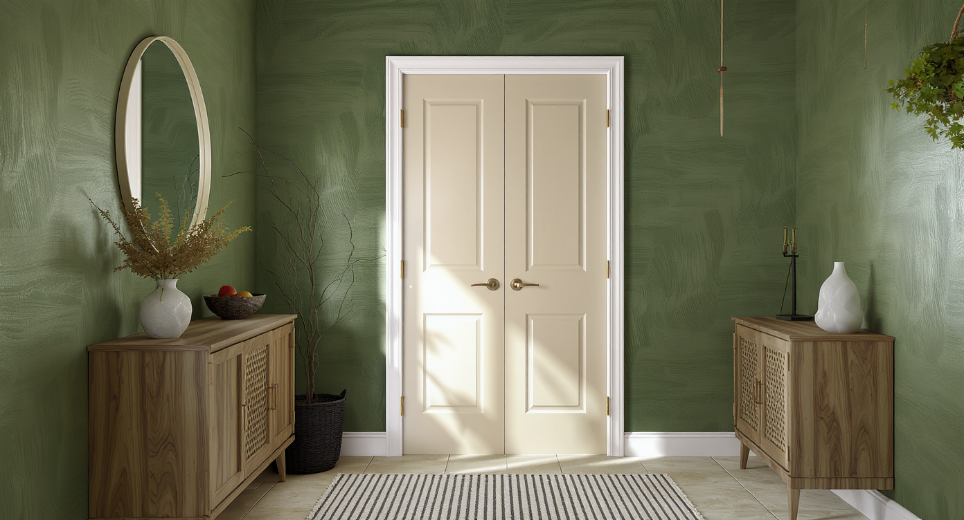 Photo-realistic foyer with warm neutral walls and doors, continuous wall treatment, and unified trim tying an irregular entry into a harmonious space.