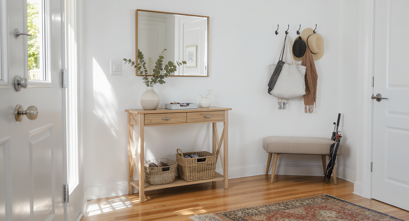 A small, modern foyer styled with a slim wooden console table, decorative vase, mirror, storage bench, wall hooks, and woven basket in natural daylight.