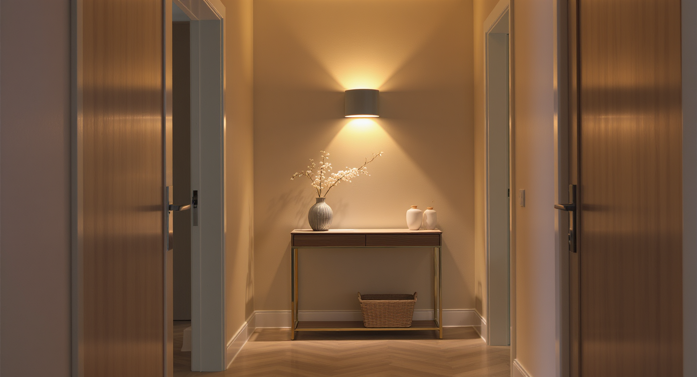 Photorealistic small foyer with layered lighting, including wall-mounted rechargeable sconce, battery-operated lamp, and warm LED accent lights.