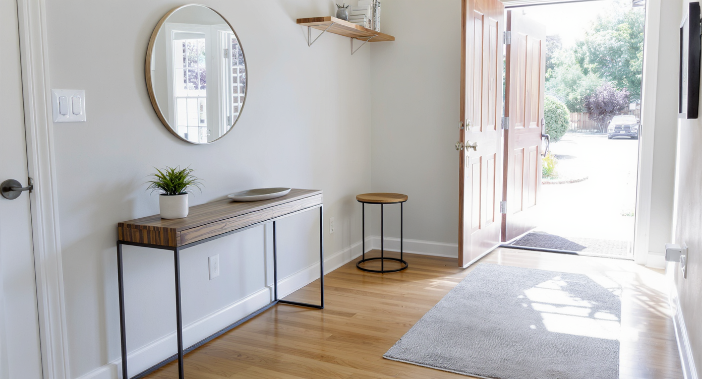 A narrow foyer with a slim console table, petite round corner table, wall-mounted shelf, and a 36-inch clear path to a hallway.