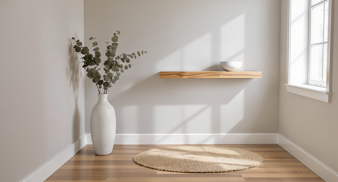Stylish small foyer with a sculptural tall vase in the corner, slim floating shelf, and centered runner rug, all in balanced, natural light.