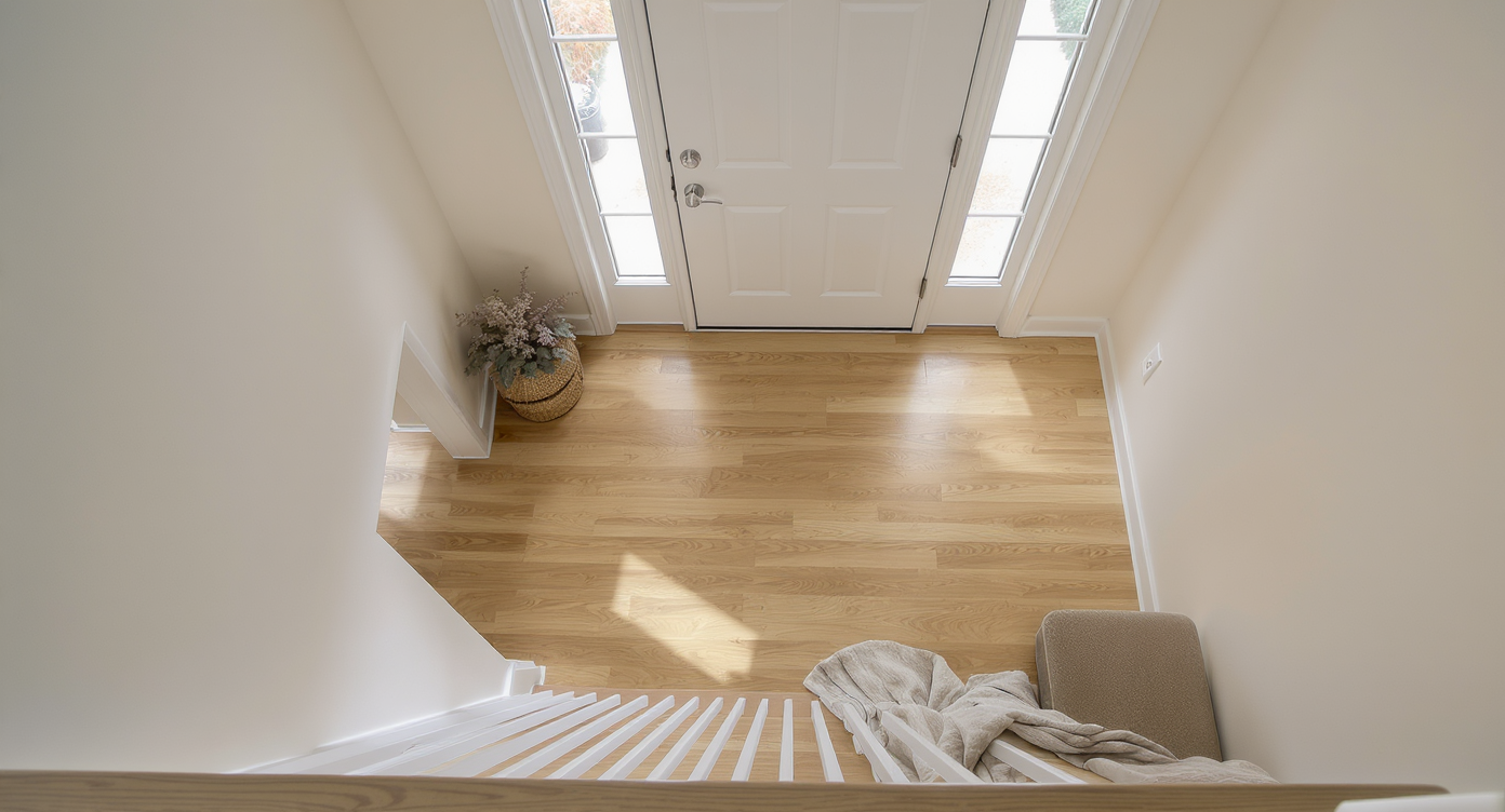 Overhead view of a small entryway with blue painter’s tape marking furniture layouts and a tablet showing a digital room preview on the floor.