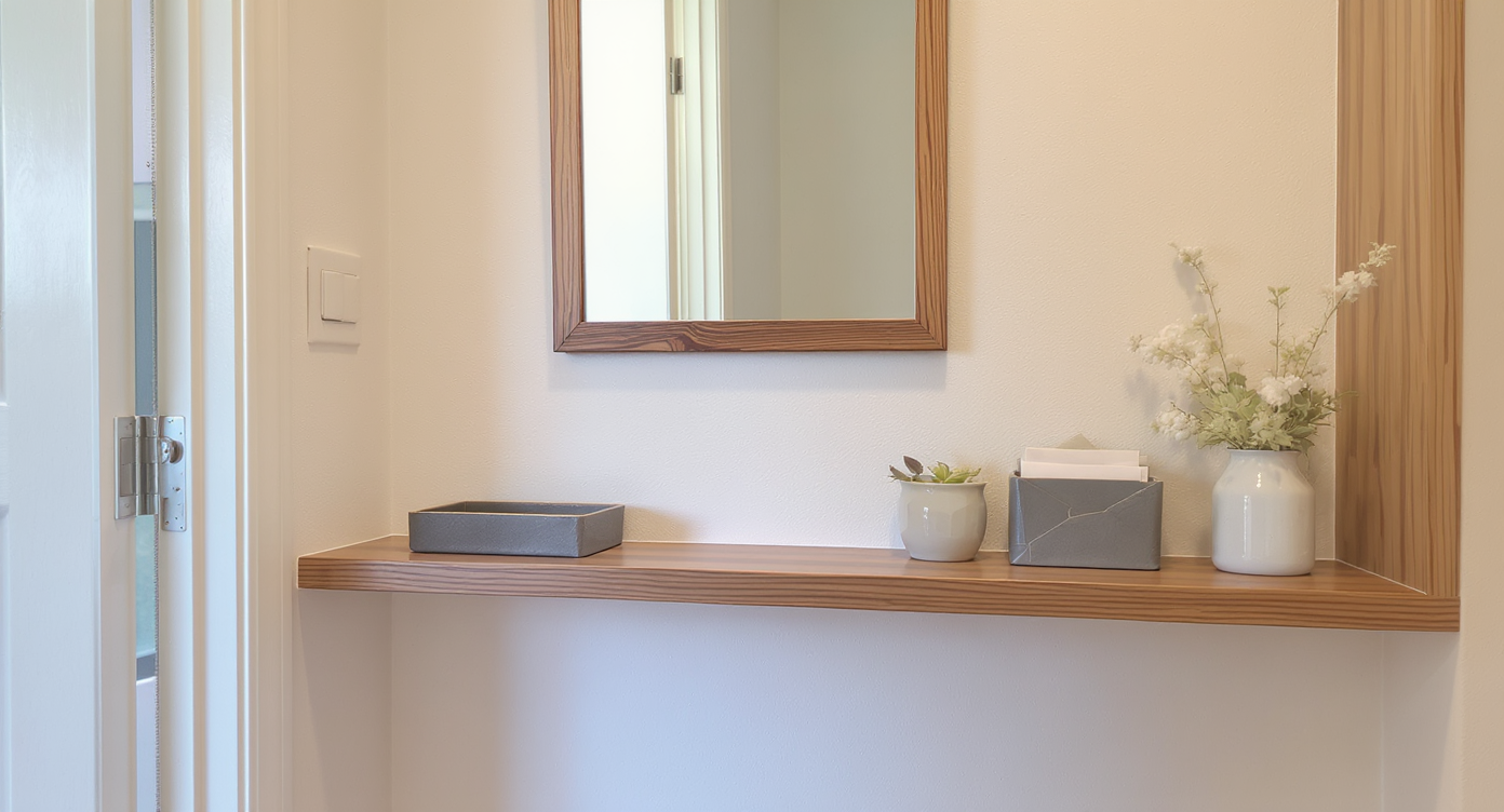 Small foyer with floating shelf, wall mirror, mail rack, and photo ledges arranged on a white wall, using vertical space for organized storage.