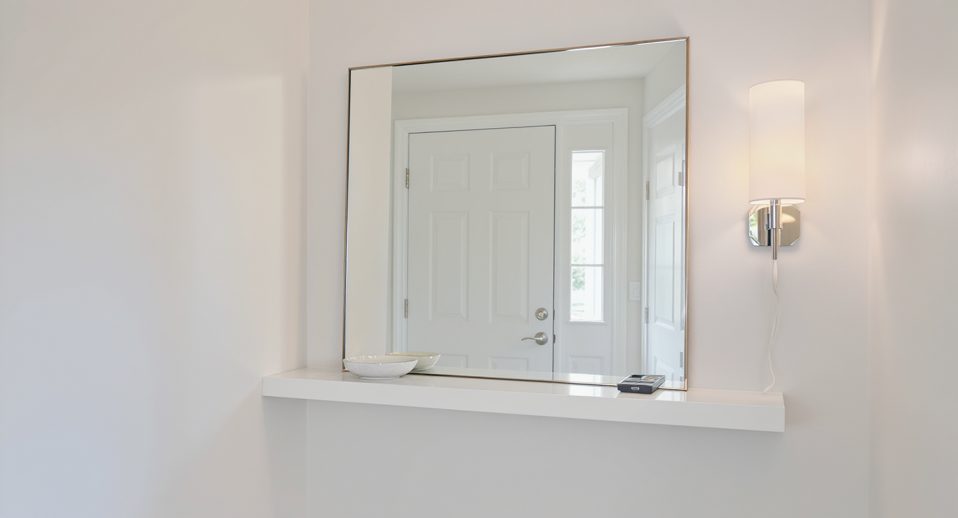 A narrow foyer with a wall mirror featuring a shelf, a mirrored sconce, and a light wood console, reflecting and boosting natural light.